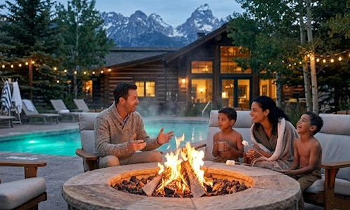 Family relaxing around a fire pit at a mountain lodge during a surprise vacation getaway