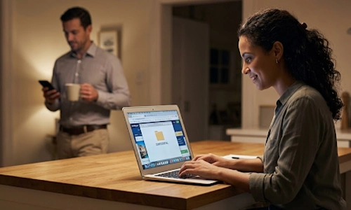 Woman planning a surprise vacation on her laptop while her partner remains unaware nearby