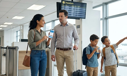 Family at the airport preparing to board a flight for a surprise vacation getaway