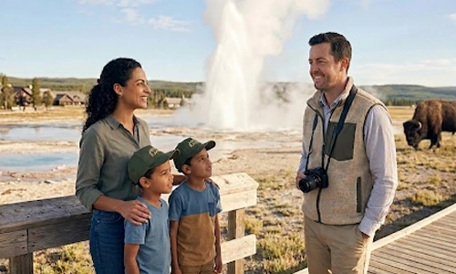 Family exploring Yellowstone National Park with a geyser eruption and bison in the background
