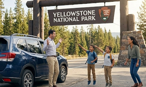 Family celebrating their arrival at Yellowstone National Park during a surprise vacation