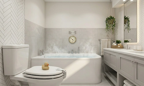 Bright bathroom with a bathtub, toilet lock, and child-friendly safety features