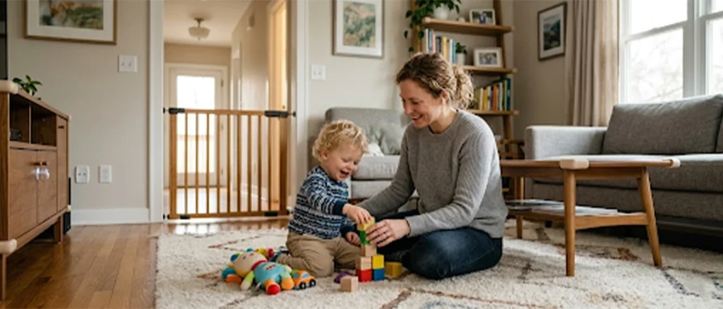 Mother playing with her toddler in a childproofed living room with a safety gate