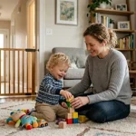 Mother playing with her toddler in a childproofed living room with a safety gate