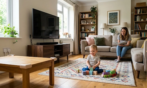 Toddler playing in a childproofed living room with furniture corner guards while a parent supervises