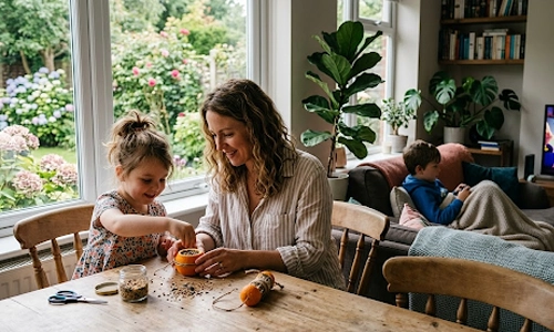 A smiling mother and her children building a DIY bird feeder together at a kitchen table to calm down