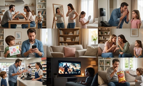 Different scenarios in which parents are either distracted or having conflict in front of their children