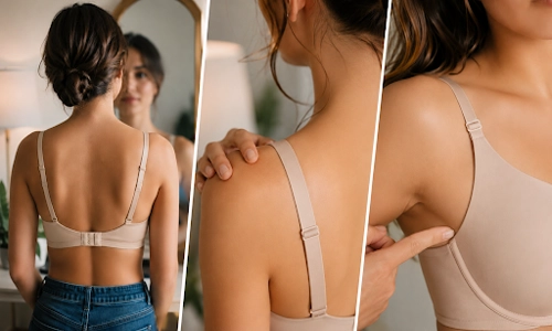 Woman adjusting bra straps to fix slipping straps and reduce digging wires for better comfort 