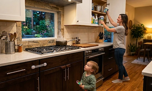 Mom placing cleaning supplies in a high kitchen cabinet while her toddler watches nearby