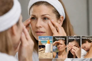 image representing women has wrinkles under eyes and its 4 causes.