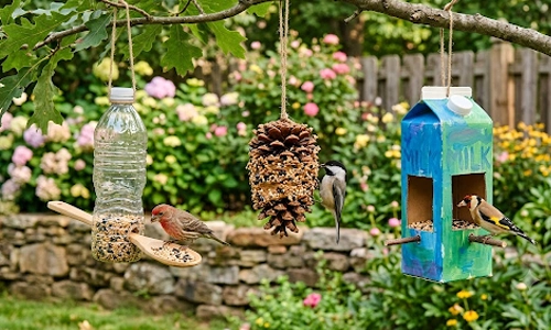 Images displaying DIY homemade bird feeder designs