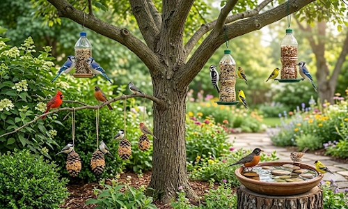 Using pinecones and plastic bottles as a bird feeder