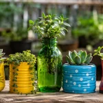 A display of different recycling pots for plants