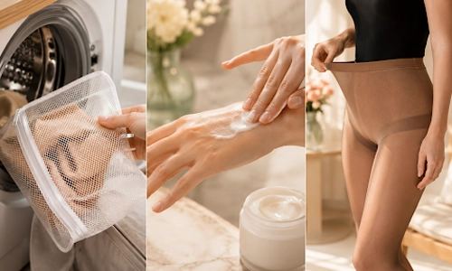 Pantyhose placed in a mesh laundry bag for gentle washing and protection
