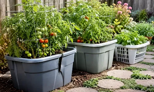 reusing storage baskets to grow tomatoes in the backyard