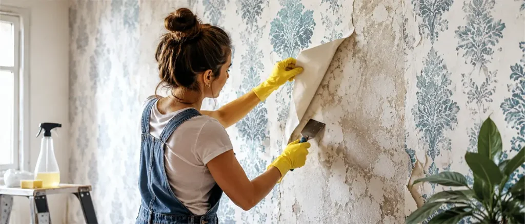 Person removing old wallpaper from a wall with a scraper.