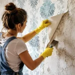 Person removing old wallpaper from a wall with a scraper.