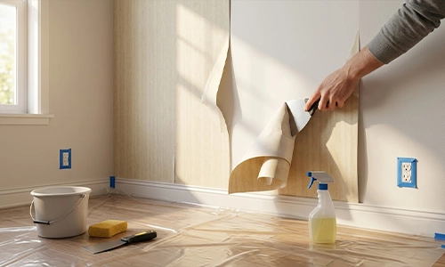 Putty knife lifting wallpaper from a wall after soaking.