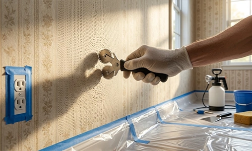 Close-up of a wallpaper scoring tool puncturing wallpaper.