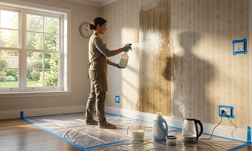 Spray bottle applying hot water and fabric softener to wallpaper.