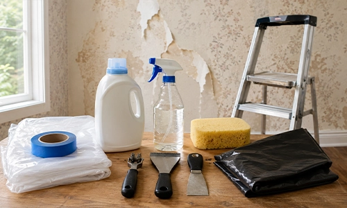Wallpaper removal tools including a scoring tool, spray bottle, and scraper.