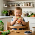 Parent feeding a baby using a baby food pouch during mealtime