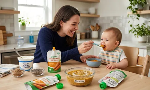 Mother feeding her baby with homemade nutritious foods alongside baby food pouches on the dining table