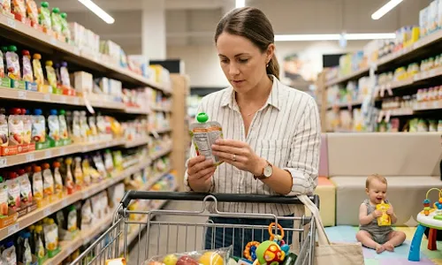 Mother reading a baby food pouch label in a grocery store while shopping with her toddler