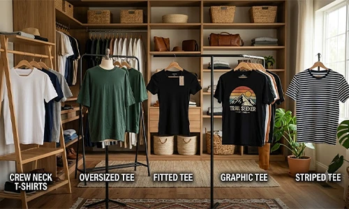 crew neck t-shirts, oversized tee, fitted tee, graphic tee, striped tee