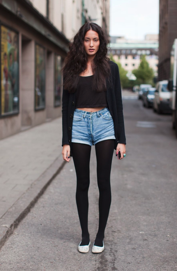 denim shorts over leggings