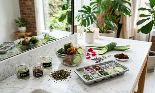 freeze green tea, coffee, aloe vera, cucumber extracts and apply it on the face