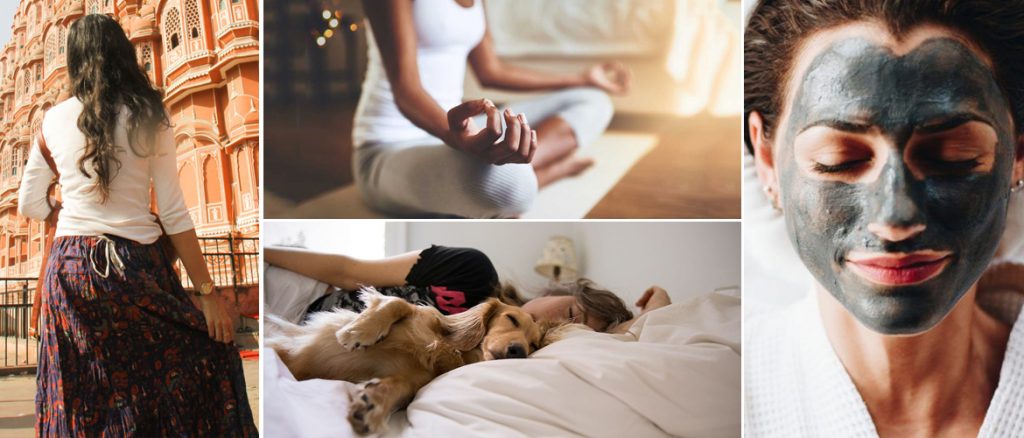 A collage of women having solo skincare, travel, and pets.