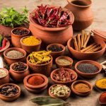 Different spices arranged in mud vessels