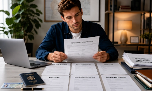 Checklist-style image of documents foreign investors may need for Indian investments, such as passport, KYC, tax forms, and bank details.