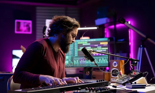 Music producer playing a keyboard in a home recording studio with audio equipment