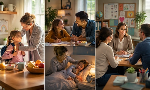The images depict the bond between parents and kids helping the child to understand value of school life by establishing a calm morning routine, spending time and building a strong home-school relationship.
