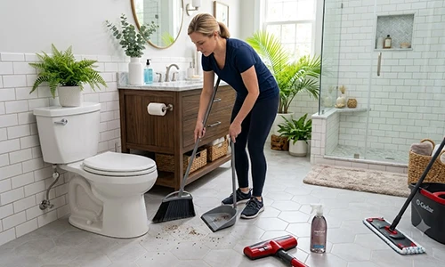 Remove loose dirt and collect small bits of debris before mopping bathroom floor