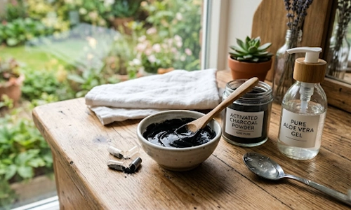 Activated charcoal face mask prepared with aloe vera gel kept in a wooden table