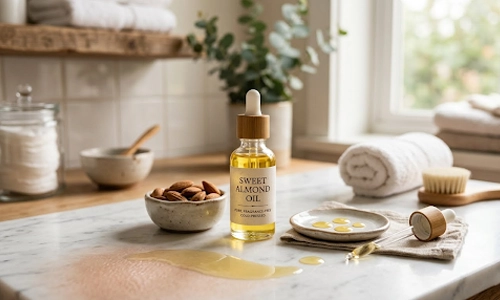 Sweet almond oil prepared as a natural remedy to help remove blackheads at home.