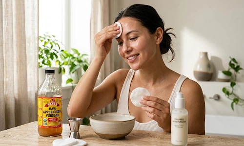 Woman applying apple cider vinegar with a cotton pad to help remove blackheads at home.