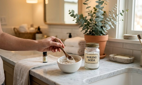 Hand mixing a baking soda face scrub in a bowl on a bathroom countertop.