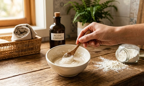 Hand mixing a baking soda paste as a natural remedy to remove blackheads at home.