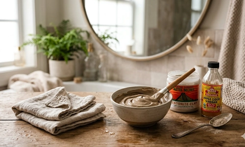 Homemade bentonite clay mask prepared with apple cider vinegar for blackhead care at home.