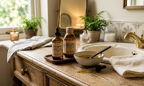 Castor oil and sunflower carrier oil displayed beside a bowl on a bathroom countertop.
