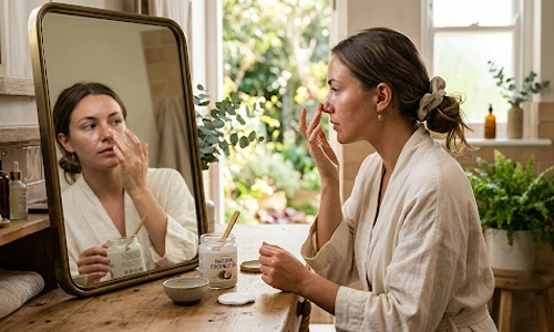 Woman applying coconut oil as a natural remedy to remove blackheads at home.