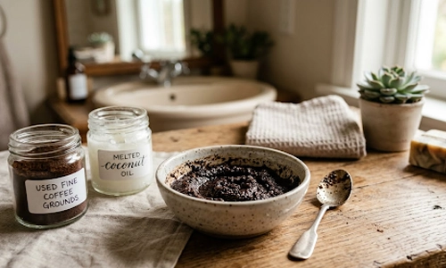 Bowl of coffee scrub beside jars of used coffee grounds and melted coconut oil on a bathroom countertop.