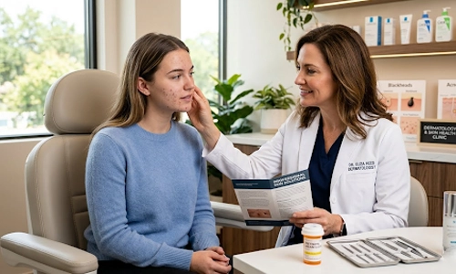 Dermatologist examining a patient's facial skin during an acne consultation in a clinic.