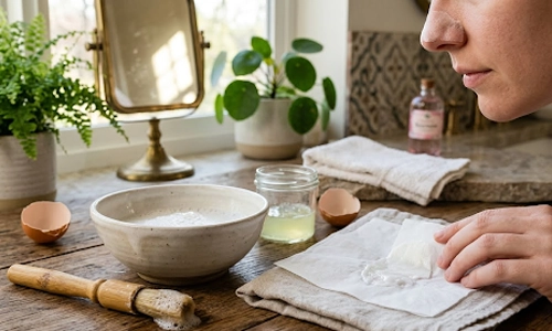 Egg white mask being prepared with a cloth strip as a natural remedy to remove blackheads at home.