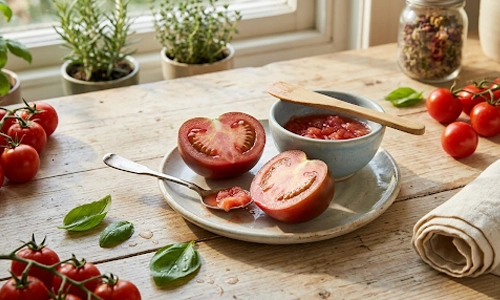 Fresh tomato pulp sliced and kept on a plate in a wooden table at home.