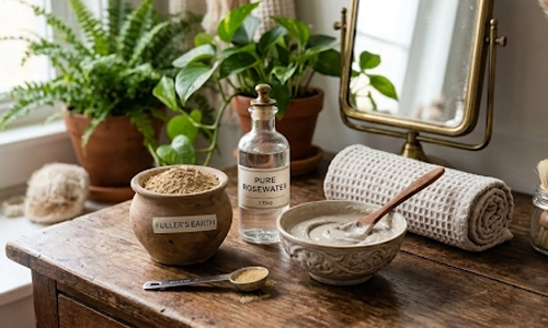 Fuller's earth face mask mixed with rose water as a natural remedy to remove blackheads at home.
